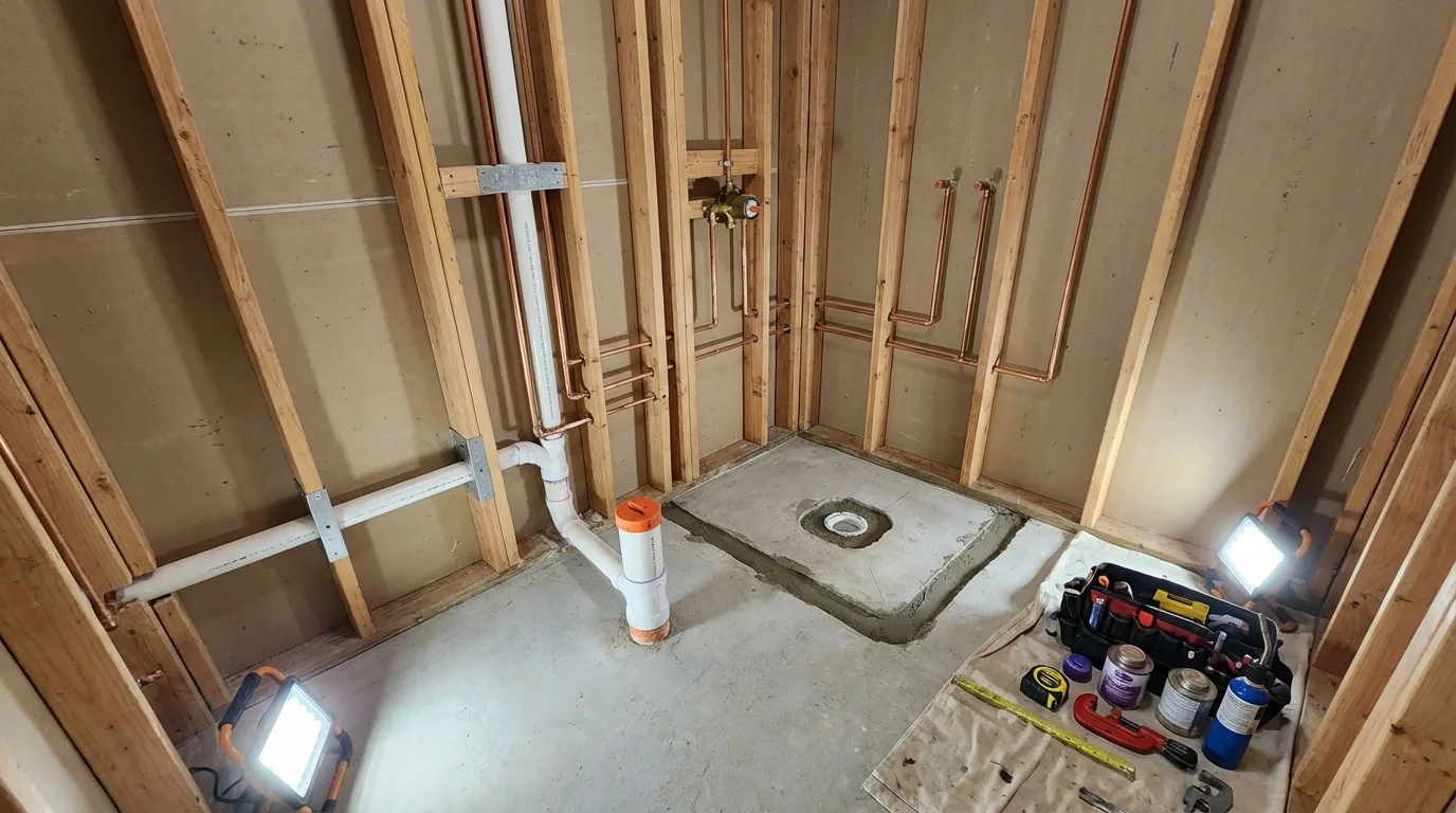Bathroom rough-in plumbing during remodel by Johns Plumbing LLC in Sammamish