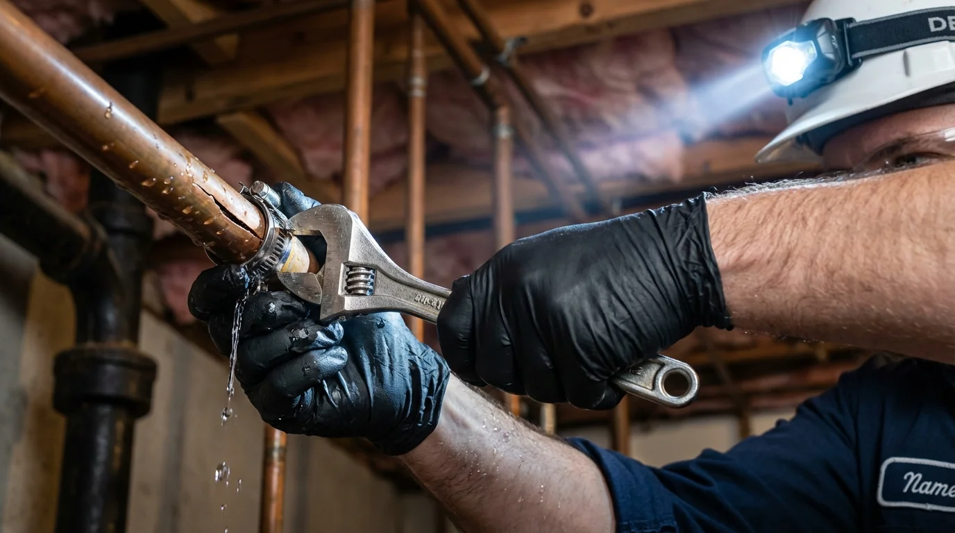 Emergency pipe clamp repair being performed by a Johns Plumbing LLC plumber in Sammamish
