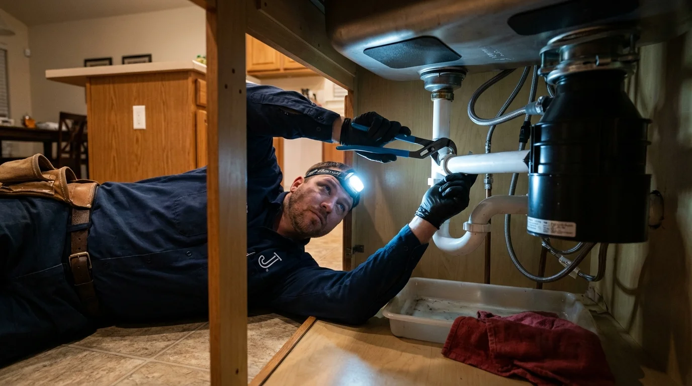 P-trap and supply line connections under a kitchen sink showing a common leak point in Sammamish, WA
